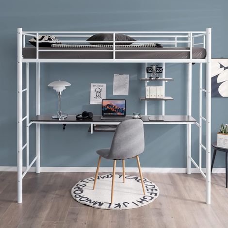 COSTWAY Letto a Soppalco in Metallo, Struttura del Letto Salvaspazio con 2 Scale e Scrivania, Letto a Doghe Ideale per Adolescenti e Adulti, 200x95x180,5 cm (Bianco)