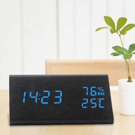 Sveglia digitale in legno, display elettronico a LED, 3 allarmi, rilevamento di umidità e temperatura, ideale per camera da letto, comodino, ufficio o soggiorno - Legno blu e nero (1/3)