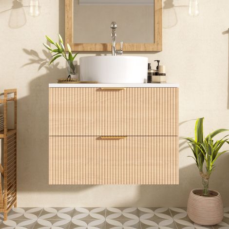 Mobile bagno sospeso con lavabo rotondo e 2 cassetti, effetto legno naturale, 60x45x60 cm (1/5)