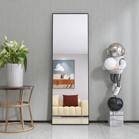Specchio da Terra 162x53cm Nero Opaco - Grande Specchio da Parete Autoportante con Cornice in Alluminio per Soggiorno Moderno