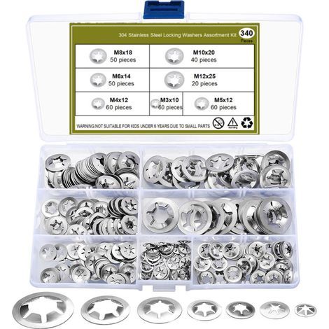 Packung mit 340 Sicherheitsscheiben, Schnellverschlussscheiben mit Innenverzahnung, Sicherungsring-Sortiment – M3/M4/M5/M6/M8/M10/M12, silberfarben (1/5)