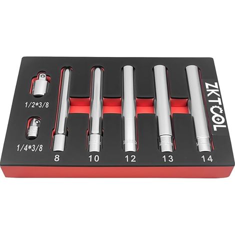 7 Pièces Douilles à Chocs Extra-profondes 3/8", 8 mm, 10 mm, 12 mm, 13 mm, 14 mm, Douille Hexagonale Extra-Longue (120 mm), avec Adaptateurs 1/2" et 3/8" (1/5)