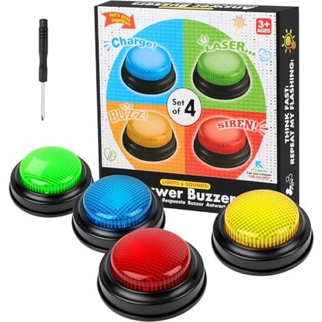 4 Sonomètres de Jeu, Buzzers Lumineux avec 4 Sons Personnalisables, Bouton Parlant Amusant, Buzzers pour Jeux de Quiz avec Tournevis, pour Famille, Fête, Classe, Bureau, Bar (1/5)
