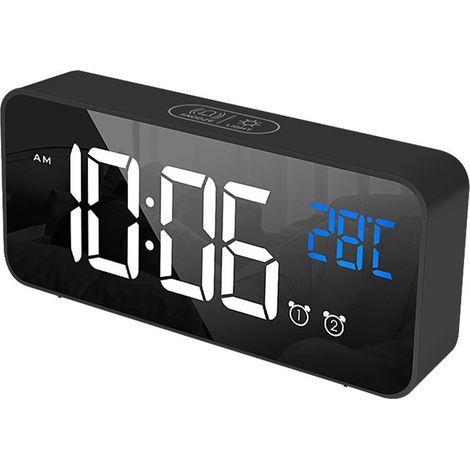 Horloge électrique d'alarme LED multifonctionnelle, Surface miroir exquise, chevet silencieux pour la maison, chambre à coucher, décor de bureau, noir (1/5)
