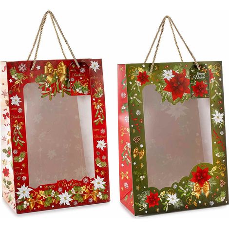 Sacchetti / buste natalizie in carta con manici, finestra e tag, stampa a tema Natale, set da 12 pezzi, cm 24 x 14 x 35 H