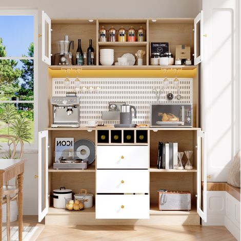 Mobile alto cucina 140x40x185.7 cm bianco in MDF e vetro con LED smart, portabicchieri e ripiani regolabili (1/5)