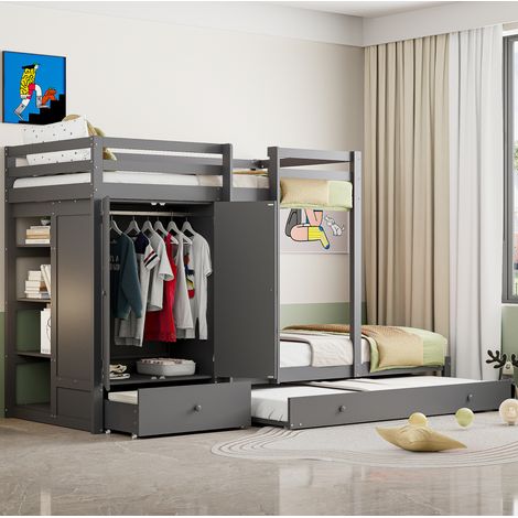 Cama litera con cama nido y armario 90x200 gris OKMYHOME (1/5)