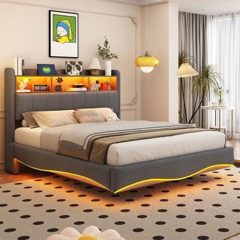 Cama 140x190 - Lino gris - Cabecero con USB y LED - Estructura de cama con somier de lamas de madera - 2 personas