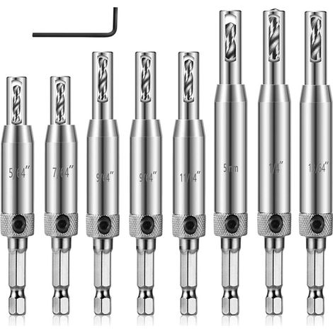 Set of 9 hinge drill bits, self-centering HSS drill bits for wooden doors, cabinets, windows and hinge fittings for woodworking (1/5)