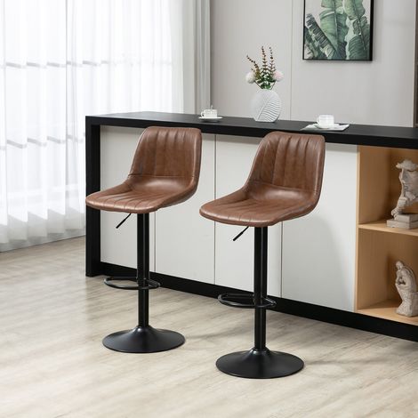 Lot de 2 tabourets de bar réglables en simili cuir marron avec repose-pieds pour cuisine et bar (1/5)