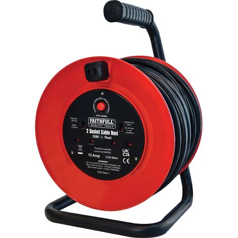 Faithfull 20m Open Drum Cable Reel 240V 13 Amp 2 Socket FPPCR20M XMS24CABLE20