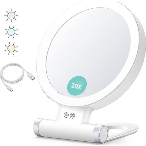 Miroir grossissant avec lumière, 20x/1x, Double Face, Miroir de Maquillage Portable, éclairage 3 Couleurs, écran Tactile à intensité Variable (1/5)