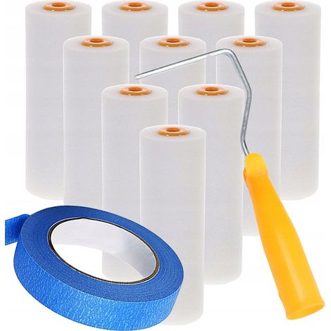 Set di Rulli per Verniciatura 10 cm – 10 Rulli in Poliuretano + Manico + Nastro Adesivo Blu 40 mm  Per Vernici e Smalti a Base d'Acqua