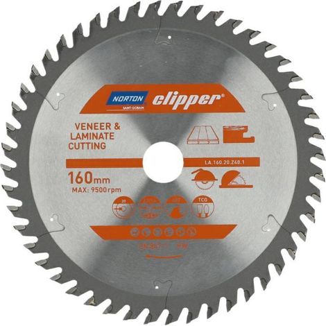Lame de scie circulaire pour contreplaqué et mélaminés d.160 - Alésage : 20 mm - Diamètre : 160 mm - Nombre de dents : 48 - NORTON (1/2)