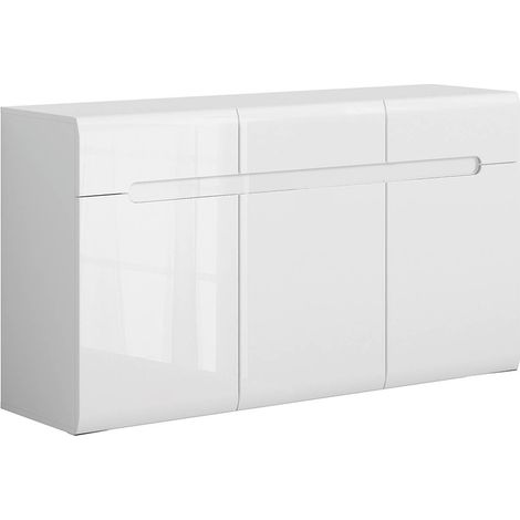 Commode meuble de rangement à 3 portes et 3 tiroirs, coloris Blanc/Blanc haute brillance - Longueur 150 x Profondeur 41 x Hauteur 84 cm (1/5)