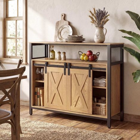 Wooden sideboard with metal frame, 2 sliding doors &amp 3 adjustable shelves, 100 x 33 x 80 cm, natural finish (1/5)