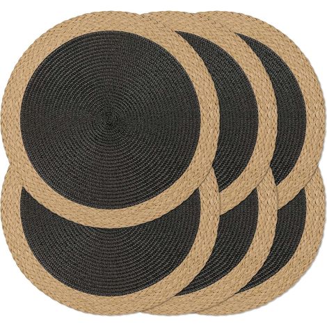 Lot de 6 Sets de Table Ronds tressés à la Main, résistants à la Chaleur, antidérapants, faciles à Nettoyer pour Cuisine, Salle à Manger, intérieur et extérieur (Noir, 6)'Bord Large Marron, Noir 6 pcs' (1/5)