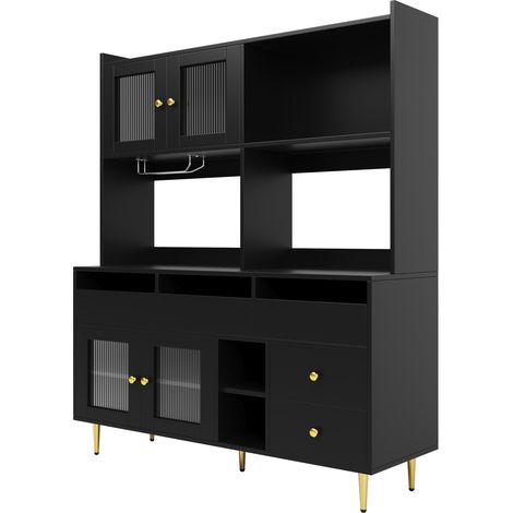 Credenza alta da sala da pranzo in MDF nero con ante in vetro, portabicchieri e ripiani (1/5)