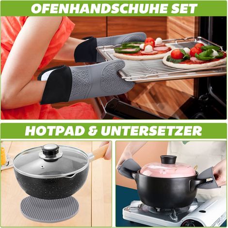 Guanti da forno, presine, guanti da cucina, silicone: resistenti al calore fino a 230°C - 2 guanti da forno, 2 sottopentola, 2 piccole presine per forno a microonde grigio (1/4)