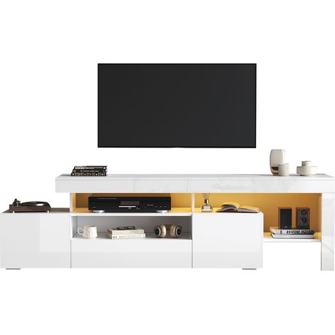 Meuble TV 192 x 37 x 53 cm avec 3 armoires, meuble télé avec LED, meuble bas laqué brillant et table TV, adapté aux téléviseurs jusqu’à 85 pouces, blanc (1/5)
