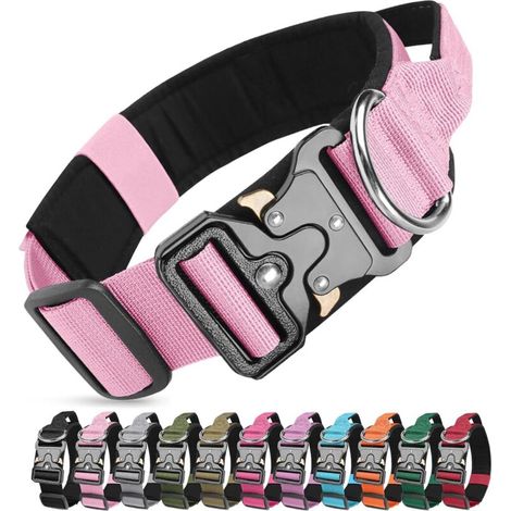 Collier de Chien Tactique, Militaire Collier Réglable Nylon Chien avec Poignée, Colliers pour Chiens Rembourré avec Boucle en Métal pour Chiens de Taille Moyenne Grand Entraînement (Rose, M)-DOU