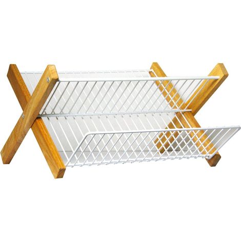 1 Égouttoir à vaisselle Pliable, Double niveau Bois et métal, 42x37x23 cm, Pour cuisine