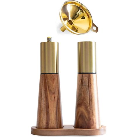 Ensemble moulin à sel et à poivre doré avec socle en bois, entonnoir doré offert, salière manuelle en acier inoxydable et moulin à poivre réglable, idéal pour la cuisine. (1/5)