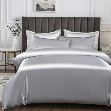 Bettwäsche-Set Satin 200x200cm Kühlend Silber 2 Kissenbezüge 80x80cm