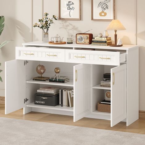 Buffet 140 x 40 x 90 cm 3 portes Commode 2 tiroirs panneaux MDF étagères réglables finition blanche charge maximale 30 kg (1/5)