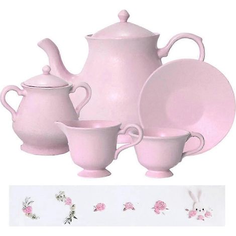 5-teiliges Mini-Teeservice für Puppenhäuser, naturgetreue Teekanne und Teetasse aus Metall, Miniatur-Teeservice-Modelle für-Pink (1/5)