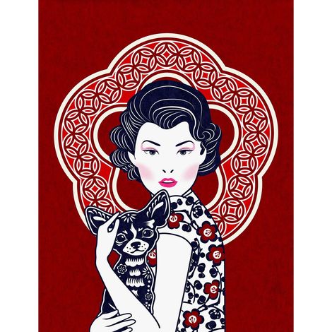 Papier peint panoramique à illustration asiatique Tapisserie panoramique femme et chien Papiers peints panoramiques rouge et noir (1/2)