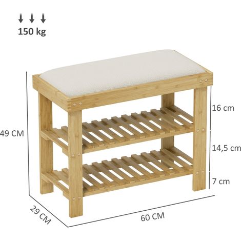 Banc assise avec rangement en bambou, étagère à chaussures 2 casiers ouverts, banquette pour entrée, salon, meuble d'assise blanc crème, 60 x 29 x 49 cm (1/5)