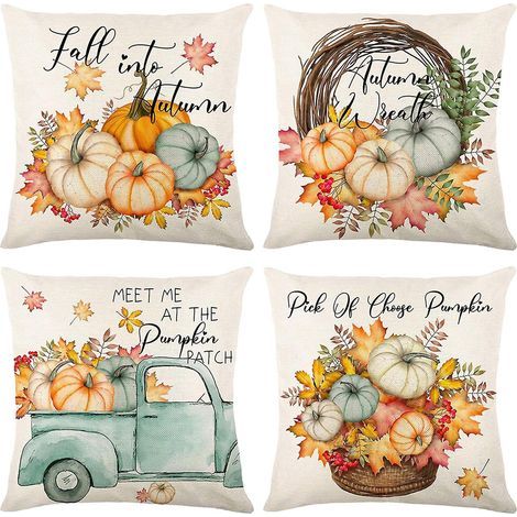 Set di 4 federe per cuscini con motivo zucca, 45 x 45 cm, federe per cuscini a tema Ringraziamento, federe decorative autunnali, federe decorative (1/5)