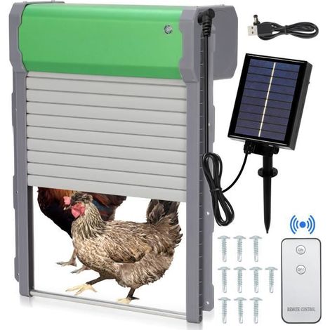 Porte Poulailler Automatique - POULAILLER - Solaire - IP67 Étanche - Vert et Gris - 30x10x37 cm