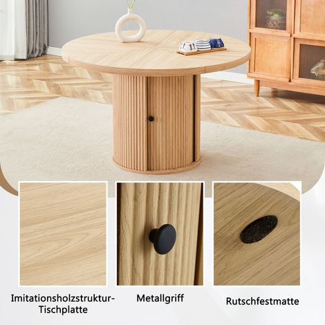 Table ronde en bois effet chêne avec rangement, 115 cm, pied central avec placard, table à manger scandinave moderne pour 4 à 6 personnes (1/5)