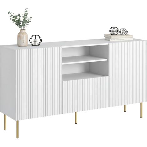 Stornara Sideboard, Wohnzimmer-Sideboard mit zwei Flügeltüren, einer Schublade und zwei offenen Fächern, Schilfoptik-Design, 150x42 h82 cm, Weiß
