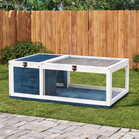 Enclos à tortue en bois avec abri 91 x 60,5 x 32 cm bleu (1/5)