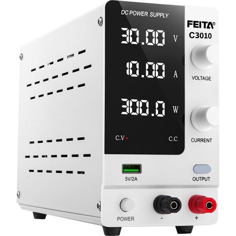 Alimentation CC variable, 30 V 10 A à commutation réglable, alimentation de laboratoire régulée avec encodeur, bouton de réglage grossier et fin, charge rapide USB 5 V/2 A, protection contre les (1/5)