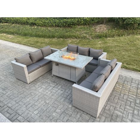 Fimous Light Grey U Shape Lounge Sofa Dining Set With Gas Fire Pit Dining Table Garden Furniture Set Heater Burner (1/5)
