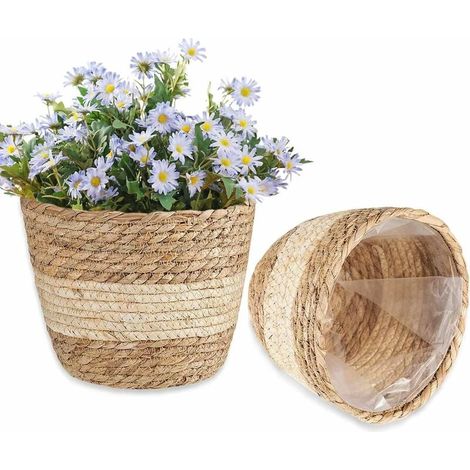 Ensemble de 2 paniers en jonc de mer, paniers de rangement et pour plantes tissés à la main, pots de fleurs décoratifs pour l'organisation de la maison (A WHWY) (1/5)