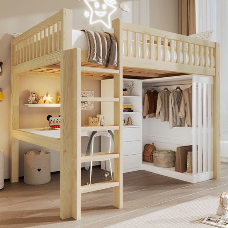 Hochbett 140x200 mit Schreibtisch Kleiderschrank Natur OKMYHOME (1/5)