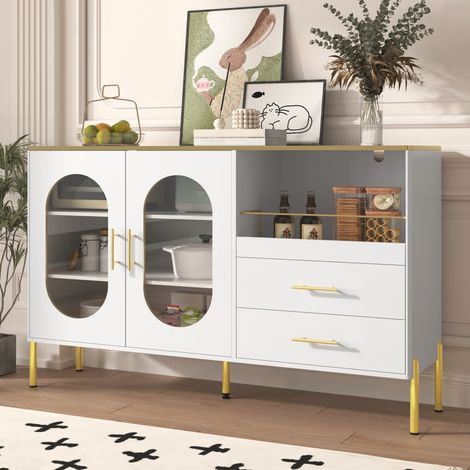 Madia bianca e oro 140 cm - grande mobile contenitore moderno con 2 ante vetrate ovali e 2 cassetti spaziosi
