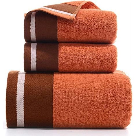 Serviette De Bain - Lot De 3 Serviettes En Coton Peigné - 2 Serviettes Mains 34x74 Cm + 1 Serviette De Bain 70x140 Cm - Orange (1/4)