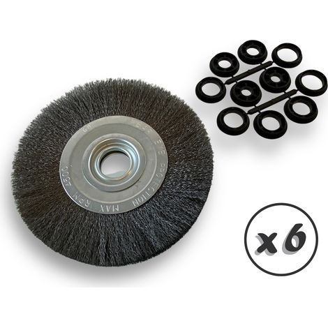 Lot de 6 brosses circulaires ACIER Ø 200 mm Epaisseur 2 rangs Fil dur 0.30 mm ondulé Alésage 32 mm + réducteur bague 25/22/20/16/12 mm Touret affûteuse ponceuse Kibros 238202ATx6