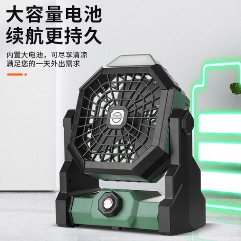 Ventilador portátil, potente y recargable para exteriores, con gancho iluminado, ideal para acampar y para uso doméstico. Especificaciones técnicas (10400 mAh, verde). (1/4)