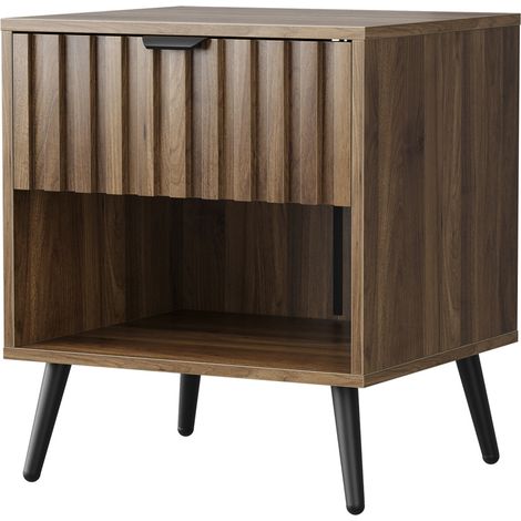 Table de chevet avec tiroir et niche, design moderne en bois foncé et métal noir, pour chambre, salon ou bureau, format compact 45 x 40 x 53 cm  CHICFURN (1/5)