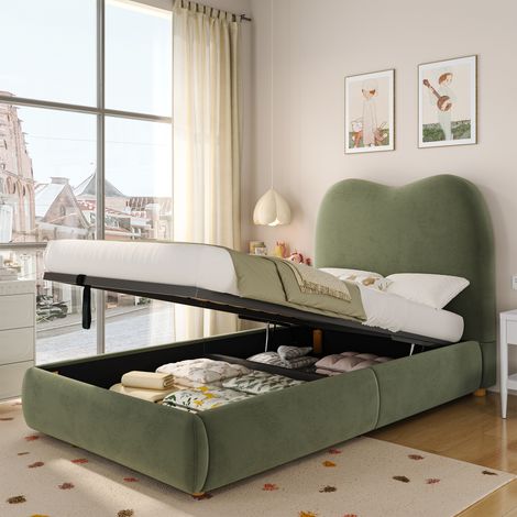 Lit enfant coffre 90 x 200 cm - Avec tête de lit capitonnée - Rangement sous le lit - Revêtement en velours - Vert (matelas non inclus) (1/5)
