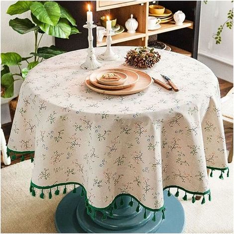 Nappe Ronde Lin Coton imprimé Fleuri, Nappe Table Ronde à Franges Lavable, Petite Nappe Ronde Anti Tache 150cm Round Tablecloth (Beige) (1/5)