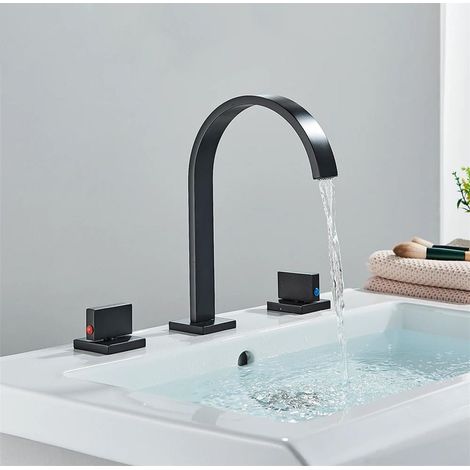 Robinet De Lavabo Noir Et Doré, Salle De Bains, Robinet D'eau Chaude Et Froide, Mélangeurs Largement Répandus À Double Poignée, Robinet De Baignoire Monté Sur Le Pont (1/5)