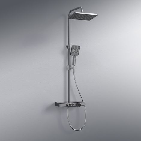 EMKE Colonne de douche Thermostat, 36 x 14 cm étagères en verre, douchette, 3 types de jets, douche à effet pluie, bec verseur, montage mural, Certification KTW, Gris métal